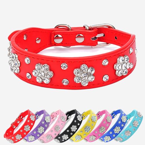 Schönes Hundehalsband mit Bling Bling Strasssteinen-Diamantblumenmuster ( Rot M )-geeignet für kleine und mittelgroße Hunde von UVONOKAY