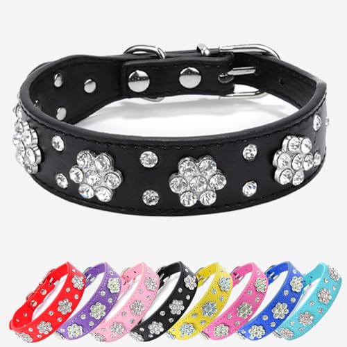 Schönes Hundehalsband mit Bling Bling Strasssteinen-Diamantblumenmuster ( Schwarz S )-geeignet für kleine und mittelgroße Hunde von UVONOKAY