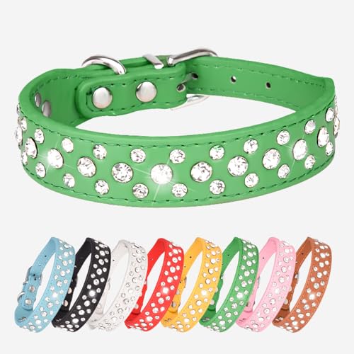 Strass Hundehalsband - Funkelndes Leder Haustier Halsband - für kleine und mittelgroße Hunde (Grün S) von UVONOKAY