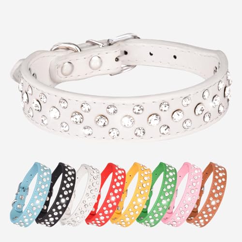 Strass Hundehalsband - Funkelndes Leder Haustier Halsband - für kleine und mittelgroße Hunde (Weiß S) von UVONOKAY
