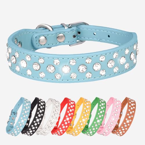 Strass-Hundehalsband – Funkelndes Leder-Haustierhalsband – für kleine und mittelgroße Hunde (Blau, M) von UVONOKAY