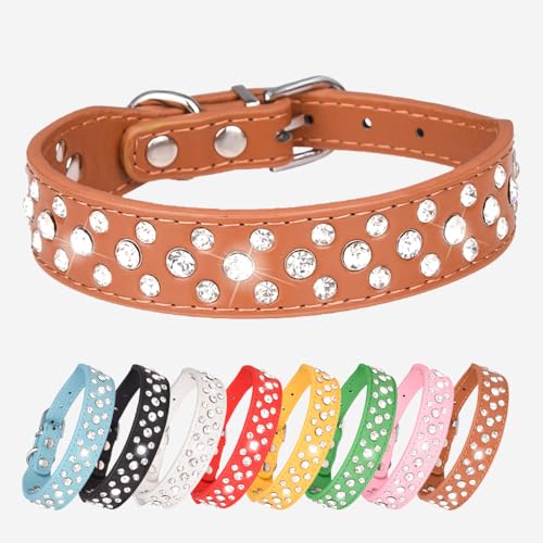 Strass-Hundehalsband – Funkelndes Leder-Haustierhalsband – für kleine und mittelgroße Hunde (Braun, M) von UVONOKAY