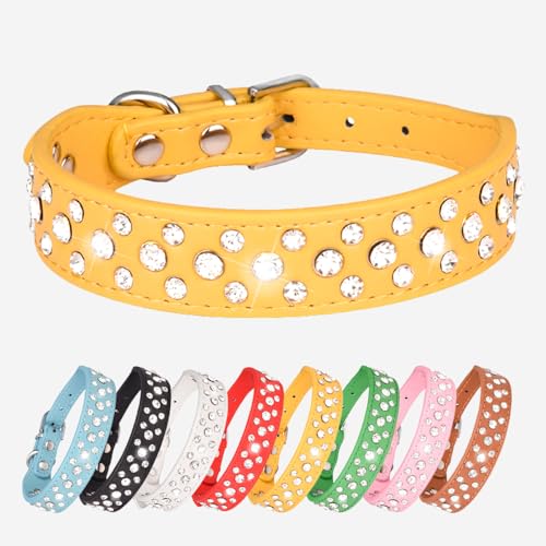 Strass-Hundehalsband – Funkelndes Leder-Haustierhalsband – für kleine und mittelgroße Hunde (Gelb, M) von UVONOKAY
