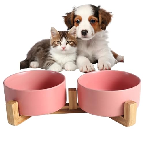 Ceramic Dog Bowls, 395ML Dog Food and Water Bowl Set with Anti-Slip Wooden Stand, Riased Dog Dish, Wide Mouth Pet Bowl for Cats & Dogs Dog Food and Water Bowl Set von UWEOTYYY
