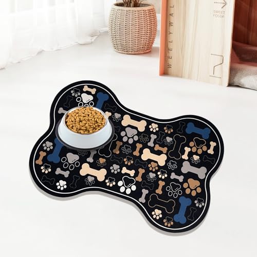 UYDOXCU Futtermatte für Hunde und Katzen, Knochenform, schnell absorbierend, Wassernapf, Platzset mit Gummi-Rückseite, schmutzabweisend, Haustierzubehör, Schwarz, 30,5 x 45,7 cm von UYDOXCU