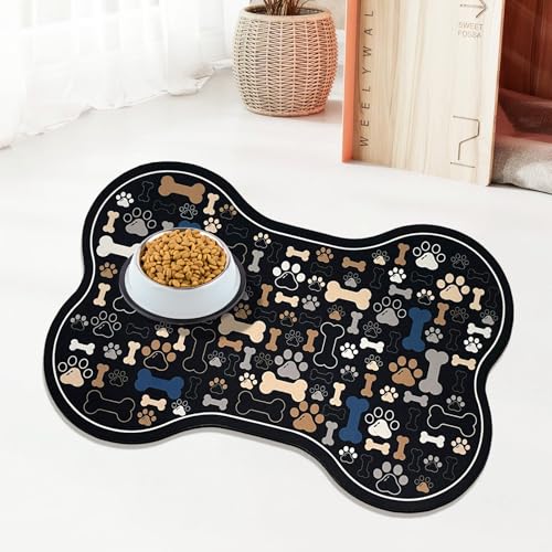 UYDOXCU Futtermatte für Hunde und Katzen, Knochenform, schnell absorbierend, Wassernapf, Platzset mit Gummi-Rückseite, schmutzabweisend, Haustierzubehör, Schwarz, 30,5 x 61 cm von UYDOXCU