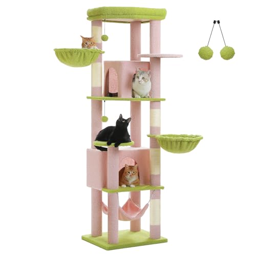 UYMI 180 cm großer Katzenbaum für große Katzen, mehrstöckiger Katzenturm mit 2 gemütlichen Höhlen, super großer Sitzstange, 3 Hängematten, Sisal-Kratzbäume und 2 Pompons, Rosa von UYMI