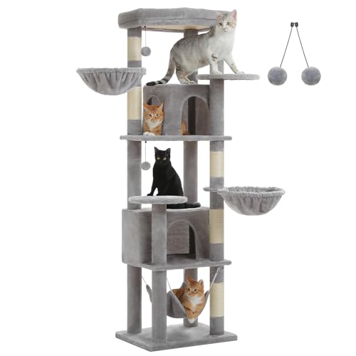 UYMI 180 cm hoher Kratzbaum für große Katzen, mehrstufiger Katzenturm mit 2 gemütlichen Höhlen, super großer Sitzstange, 3 Hängematten, Sisal-Kratzbäume und 2 Pompons, Grau von UYMI