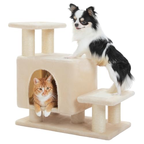 UYMI Hundetreppe & Katzenkratzbaum mit Höhle, Haustiertreppe für Hochbetten, Sofa, Couch, hochfeste Bretter halten bis zu 68 kg für Indoor Kleine Katzen Kätzchen Hunde Klettern Spielen, 3 Stufen, von UYMI