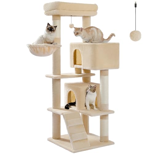 UYMI Katzenturm für Indoor-Katzen, 143 cm, mehrstöckiger Katzenbaum mit 2 gemütlichen Höhlen, geräumige Sitzstange, Katzenkratzbäume, 2 Höhlen, Plüsch-Hängematte, Beige von UYMI