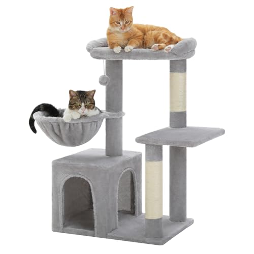 UYMI Kratzbaum für Indoor-Katzen, Katzenturm mit gemütlicher Höhle und Katzenhängematte, Katzenkratzbäume, baumelnder Ball, Spielzeug, Grau von UYMI
