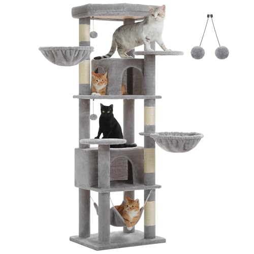 UYMI Kratzbaum für Indoor-Katzen, groß, 181,1 cm, mehrstufiger Katzenturm mit 2 geräumigen Höhlen, 3 Hängematten, super große Sitzstange, 2 Pompons, Grau von UYMI
