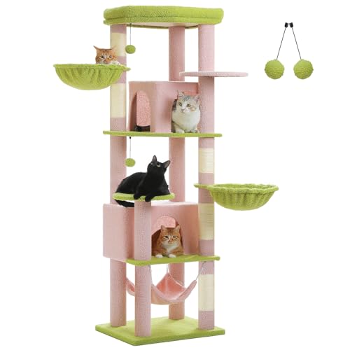 UYMI Kratzbaum für Indoor-Katzen, groß, 181,1 cm, mehrstufiger Katzenturm mit 2 geräumigen Höhlen, 3 Hängematten, super große Sitzstange, 2 Pompons, Rosa von UYMI