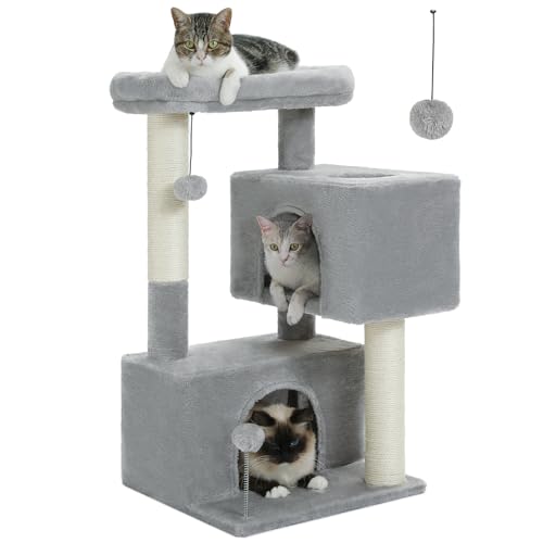UYMI Kratzbaumturm für Indoor-Katzen, 2 gemütliche Höhlen für mittelgroße Katzen bis zu 5,4 kg, 80 cm Katzenturm mit Kratzbäumen, geräumige Katzen-Sitzstange, 2 Katzenhöhlen, 2 baumelnde Bälle, von UYMI