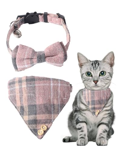 UYRVAPE 2pcs Katzenhalsbänder mit Glocken Abnehmbare Fliege Bandana, Kätzchen Halsband Katze Bandana Hundefliege, Katzenhalsband mit Glöckchen und Fliege, Rosa Kariertes Katzen halsbänder mit Schleife von UYRVAPE