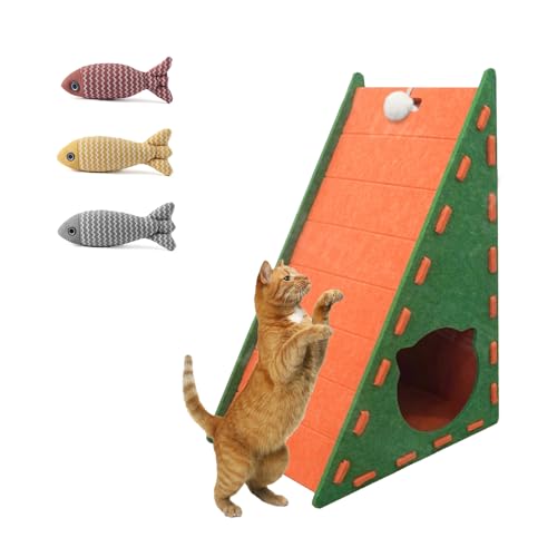 Filz Katzenkratzer mit Katzenbett & Fischspielzeug - Dreieckiges Kratzbrett für Katzen, langlebig & fusselfrei, Möbelschutz (A) von UZQAFG