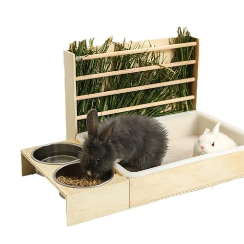 Kaninchenklo mit Heufutterstation - 4 in 1 Holz Futterstation mit Futternäpfen, Wasserschalen und Tablett für Kaninchen, Meerschweinchen, Hamster, Frettchen und kleine Haustiere von UZQAFG