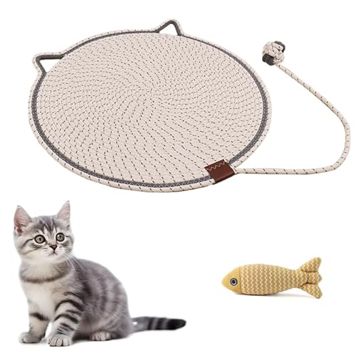 Kratzbrett – Kratzbrett aus natürlichem Baumwollseil, doppelseitige Katzenmatte mit Katzenspielzeug, langlebig und leicht zu reinigen, schützt Möbel (gebrochenes Weiß, 43 cm) von UZQAFG