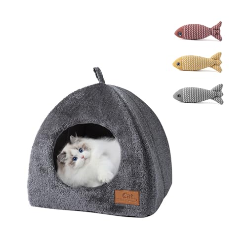 UZQAFG Cozy Cat Cave Bed, Plush Arctic Fleece Tent Igloo Cat Bed with Removable Washable Cushion for Small Pets (M) von UZQAFG