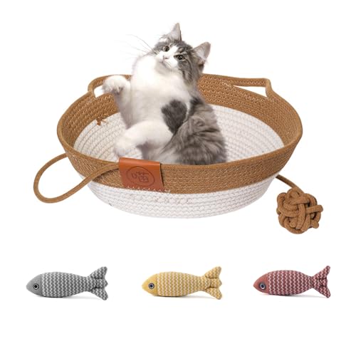 UZQAFG Wicker Cat Basket mit 3 Spielzeug-Fischen – Atmungsaktiver Katzenkorb aus Stoff & Geflochtenem Rattan (Khaki) von UZQAFG