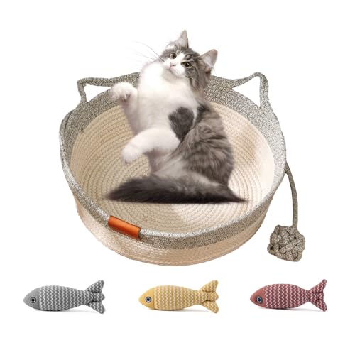 UZQAFG Wicker Cat Basket mit 3 Spielzeug-Fischen – Atmungsaktiver Katzenkorb aus Stoff & Geflochtenem Rattan (grau) von UZQAFG
