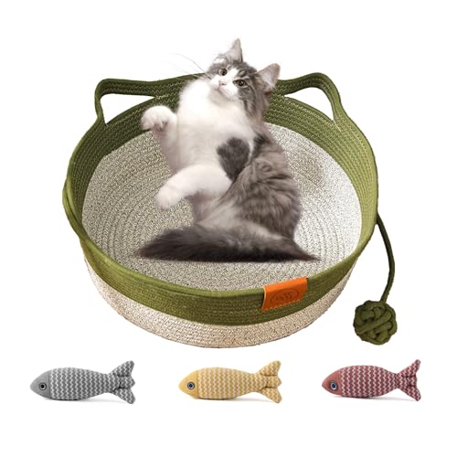 UZQAFG Wicker Cat Basket mit 3 Spielzeug-Fischen – Atmungsaktiver Katzenkorb aus Stoff & Geflochtenem Rattan (grün) von UZQAFG