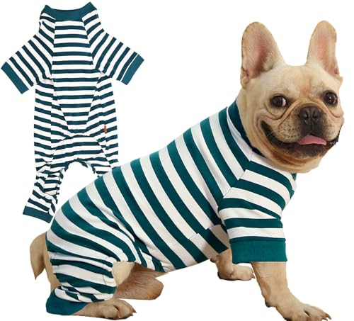 Uadonile Hunde-Pyjama, gestreifter Hunde-Pyjama, Einteiler, für Jungen und Mädchen, für Pitbull-Bulldogge, Grün und Weiß gestreift, Größe M von Uadonile