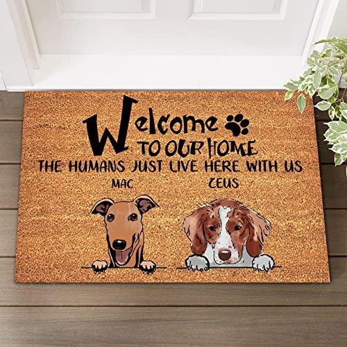 Individuelle personalisierte Haustier-Fußmatte für Hunde mit Namen aus Kokosfaser, Willkommen in unserem Zuhause, die Menschen leben einfach hier mit uns, natürliche Kokosnuss-Matte mit robuster Veranda, Willkommensmatten, Hunde, Katzen, Haustierliebhaber von UanMere