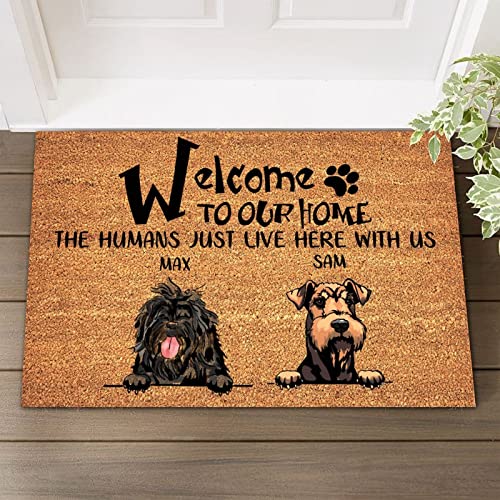 Willkommen in unserem Zuhause, The Humans Just Live Here with Us, Kokosfaser-Fußmatte, strapazierfähig, personalisierbar, für den Außenbereich, Kokosfaser, lustiges Haustier, 40,6 x 61 cm, 2 Hunde von UanMere