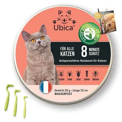 Ubica® Zeckenhalsband für Katzen - Flohhalsband Katze - Zeckenschutz - Flohmittel Katzen - Formel mit ätherischen Ölen (Pfefferminze) - 100% WASSERDICHT 3 Zeckenklammern Gratis von Ubica