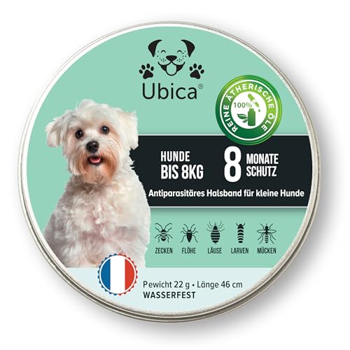 Ubica® Flohhalsband Hunde - Zeckenhalsband für Hunde - Flohmittel Hund (< 8kg) - Formel mit ätherischen Ölen (Zitronengras) -100% WASSERDICHT - 3 Zeckenklammern und EBOOK Gratis. von Ubica