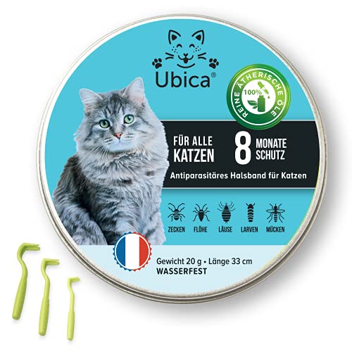 Ubica® Zeckenhalsband für Katzen - Flohhalsband Katze - Zeckenschutz - Flohmittel Katzen - Formel mit ätherischen Ölen (Zitronengras) - 100% WASSERDICHT 3 Zeckenklammern Gratis von Ubica