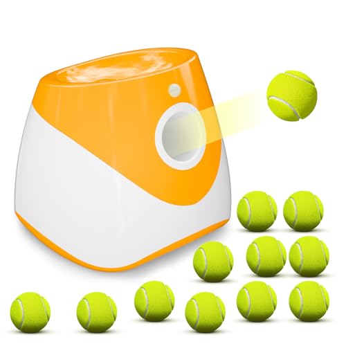 Automatischer Hundeballwerfer Launcher mit 12 Packungen Tennisbällen, wiederaufladbarer Ballwerfer Werferabstand 3 - 9 m, interaktives Hunde-Apportiermaschinenspielzeug für kleine Hunde (Orange) von Ubistar