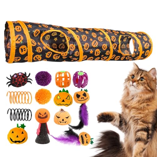 Uhngw Katzentunnel mit Spielzeug, Peekaboo Katzenhöhle Halloween Themed Cat Tubes, Activity Center mit Kürbismuster, Interaktives Spielzeug für Kleintiere, gelangweilte Katzen, Kätzchen von Uhngw