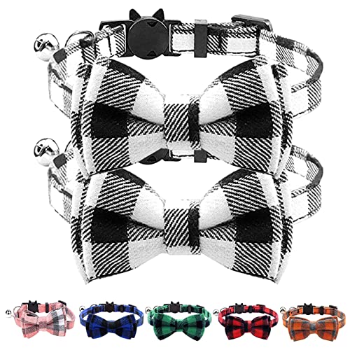 Uiopa 2 Stück Katzenhalsband mit Sicherheitsverschluss, Katzen Halsband Hund Welpenhalsband mit Glöckchen und Schleife, Karomustern Hundehalsband für Kleine Hunde und Katze (Schwarz und Weiß) von Uiopa