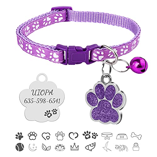 Uiopa Katzenhalsband, Hundemarke mit Gravur, Hundehalsband mit Name Katzenhalsband mit Glöckchen, Halsband Katze Katzen Halsbänder für Hauskatzen, Kleine Hund, Verstellbar 19-32cm (Lila) von Uiopa