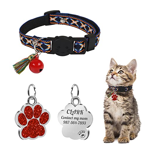Uiopa Katzenhalsband mit Hundemarke Pfote Personalisiert, Katzenhalsband mit Glöckchen Und Quaste, Katzenhalsband Mit Namen für Katze und Hund, Verstellbar 20-30 cm von Uiopa
