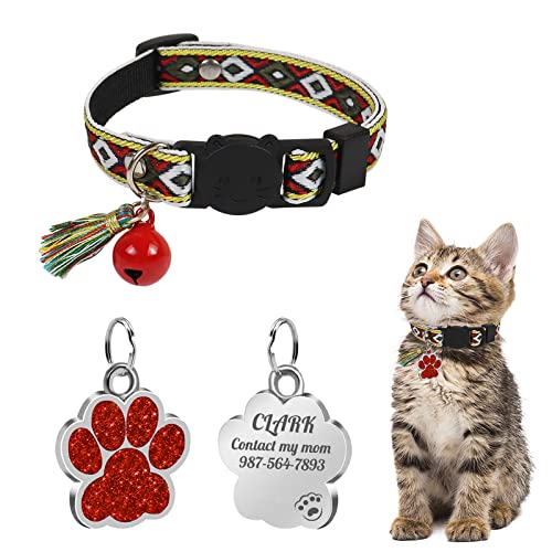 Uiopa Katzenhalsband mit Hundemarke Pfote Personalisiert, Katzenhalsband mit Glöckchen Und Quaste, Katzenhalsband Mit Namen für Katze und Hund, Verstellbar 20-30 cm von Uiopa