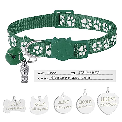 Uiopa Katzenhalsband mit Sicherheitsverschluss + Hundemarke mit Gravur + Adressanhänger, Hundehalsband mit Name & Glöckchen, Verstellbar Halsband für Katze und Hund (Dunkelgrün) von Uiopa