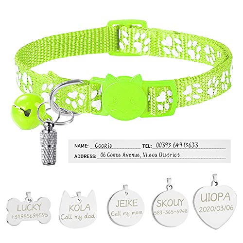 Uiopa Katzenhalsband mit Sicherheitsverschluss + Hundemarke mit Gravur + Adressanhänger, Hundehalsband mit Name & Glöckchen, Verstellbar Halsband für Katze und Hund (Fluoreszierendes grün) von Uiopa