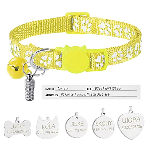 Uiopa Katzenhalsband mit Sicherheitsverschluss + Hundemarke mit Gravur + Adressanhänger, Hundehalsband mit Name & Glöckchen, Verstellbar Halsband für Katze und Hund (Gelb) von Uiopa