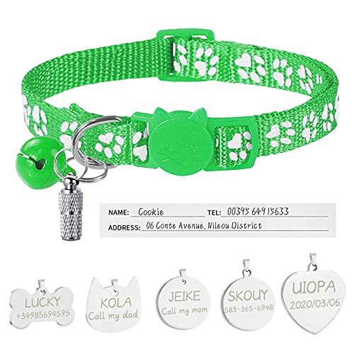 Uiopa Katzenhalsband mit Sicherheitsverschluss + Hundemarke mit Gravur + Adressanhänger, Hundehalsband mit Name & Glöckchen, Verstellbar Halsband für Katze und Hund (Grasgrün) von Uiopa