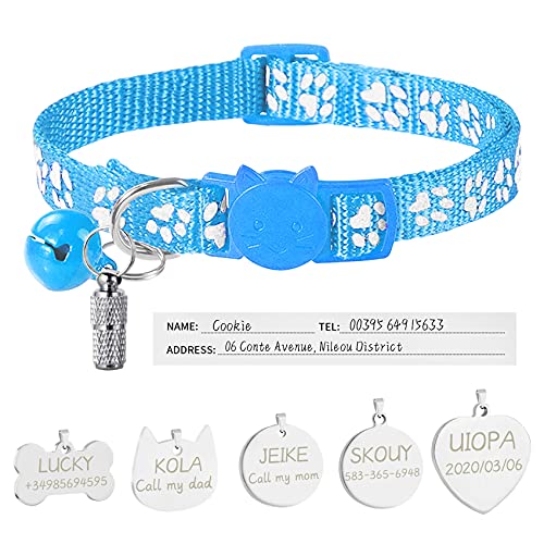 Uiopa Katzenhalsband mit Sicherheitsverschluss + Hundemarke mit Gravur + Adressanhänger, Hundehalsband mit Name & Glöckchen, Verstellbar Halsband für Katze und Hund (Himmelblau) von Uiopa