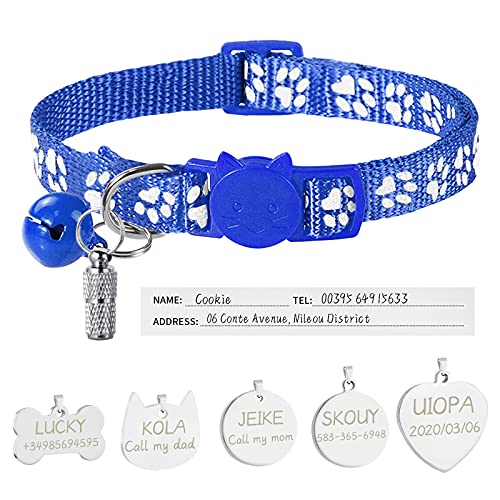 Uiopa Katzenhalsband mit Sicherheitsverschluss + Hundemarke mit Gravur + Adressanhänger, Hundehalsband mit Name & Glöckchen, Verstellbar Halsband für Katze und Hund (Königsblau) von Uiopa