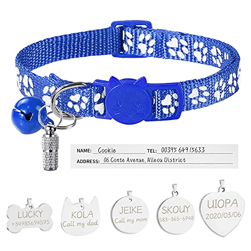 Uiopa Katzenhalsband mit Sicherheitsverschluss + Hundemarke mit Gravur + Adressanhänger, Hundehalsband mit Name & Glöckchen, Verstellbar Halsband für Katze und Hund (Königsblau) von Uiopa
