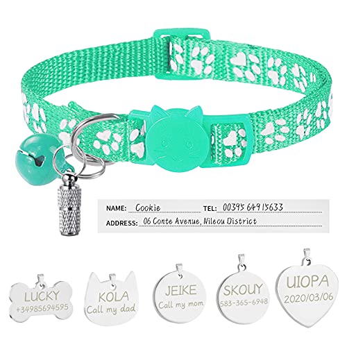Uiopa Katzenhalsband mit Sicherheitsverschluss + Hundemarke mit Gravur + Adressanhänger, Hundehalsband mit Name & Glöckchen, Verstellbar Halsband für Katze und Hund (Mintgrün) von Uiopa
