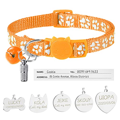 Uiopa Katzenhalsband mit Sicherheitsverschluss + Hundemarke mit Gravur + Adressanhänger, Hundehalsband mit Name & Glöckchen, Verstellbar Halsband für Katze und Hund (Orange) von Uiopa
