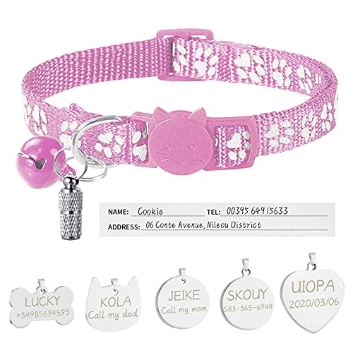 Uiopa Katzenhalsband mit Sicherheitsverschluss + Hundemarke mit Gravur + Adressanhänger, Hundehalsband mit Name & Glöckchen, Verstellbar Halsband für Katze und Hund (Rosa) von Uiopa