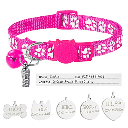 Uiopa Katzenhalsband mit Sicherheitsverschluss + Hundemarke mit Gravur + Adressanhänger, Hundehalsband mit Name & Glöckchen, Verstellbar Halsband für Katze und Hund (Rosenrot) von Uiopa