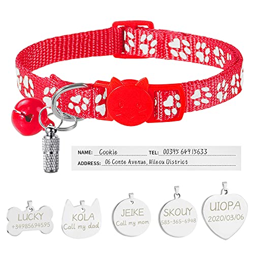 Uiopa Katzenhalsband mit Sicherheitsverschluss + Hundemarke mit Gravur + Adressanhänger, Hundehalsband mit Name & Glöckchen, Verstellbar Halsband für Katze und Hund (Rot) von Uiopa
